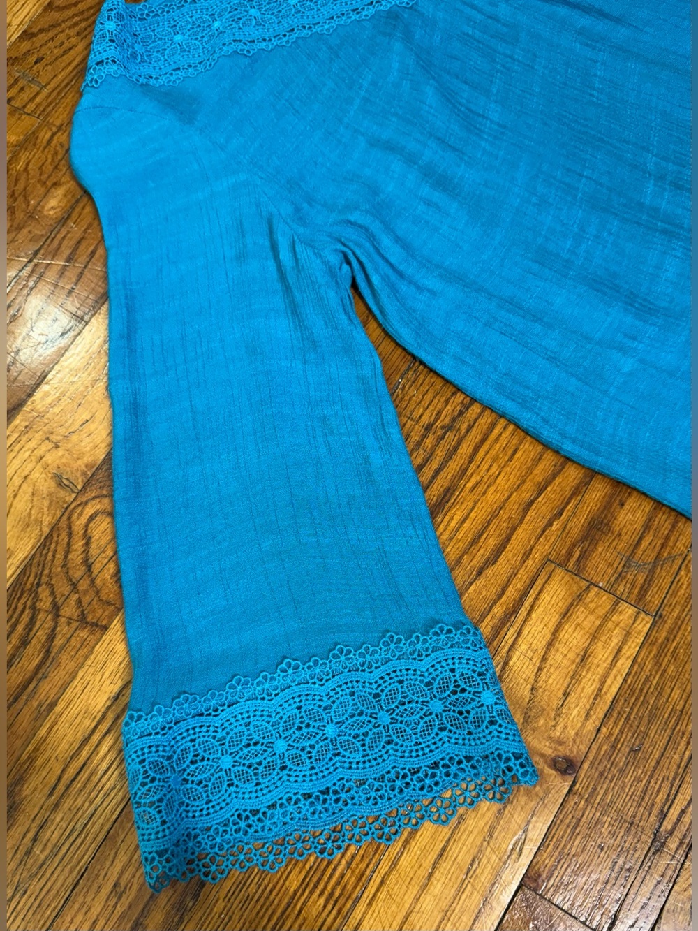 Counterparts Teal Boho Peasant Blouse Lace Trim V-Neck 3/4 Bell Sleeve - Size S - Picture 6 of 16